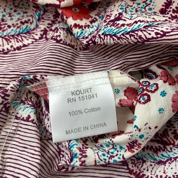 Kourt Blouse Small Red Tassel Tie Neck Flutter Sleeve Floral Cotton top boho - Picture 12 of 14